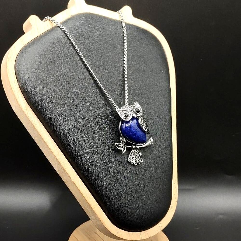 Silver Blue Dye Agate Owl Necklace Women's Boho Vtg Fashion Bird Jewelry Gift